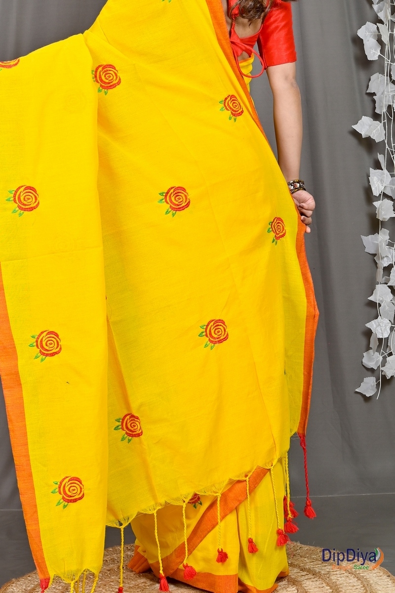 Yellow Red Pure Cotton Parag Embroidery Handloom saree (207)